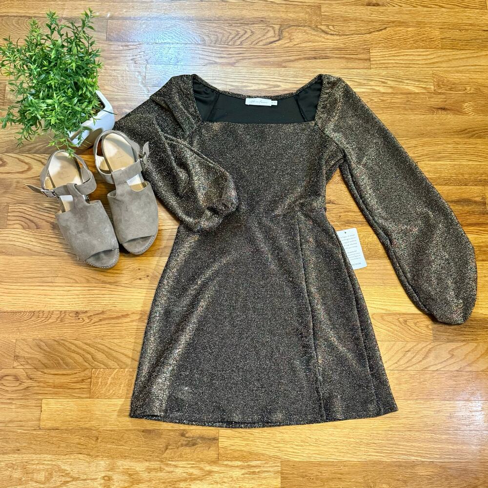 All in Favor Womens Medium Black Gold Sparkle Long Sleeve Square Neck Mini Dress